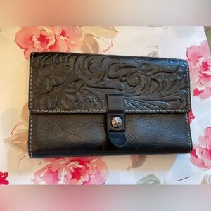 Patricia Nash Black Leather Wallet with Floral Tooling
